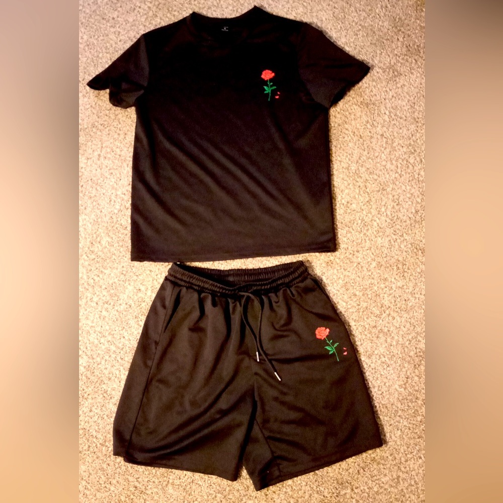 Men’s 2PC Black Rose Shirt Short Set Size S